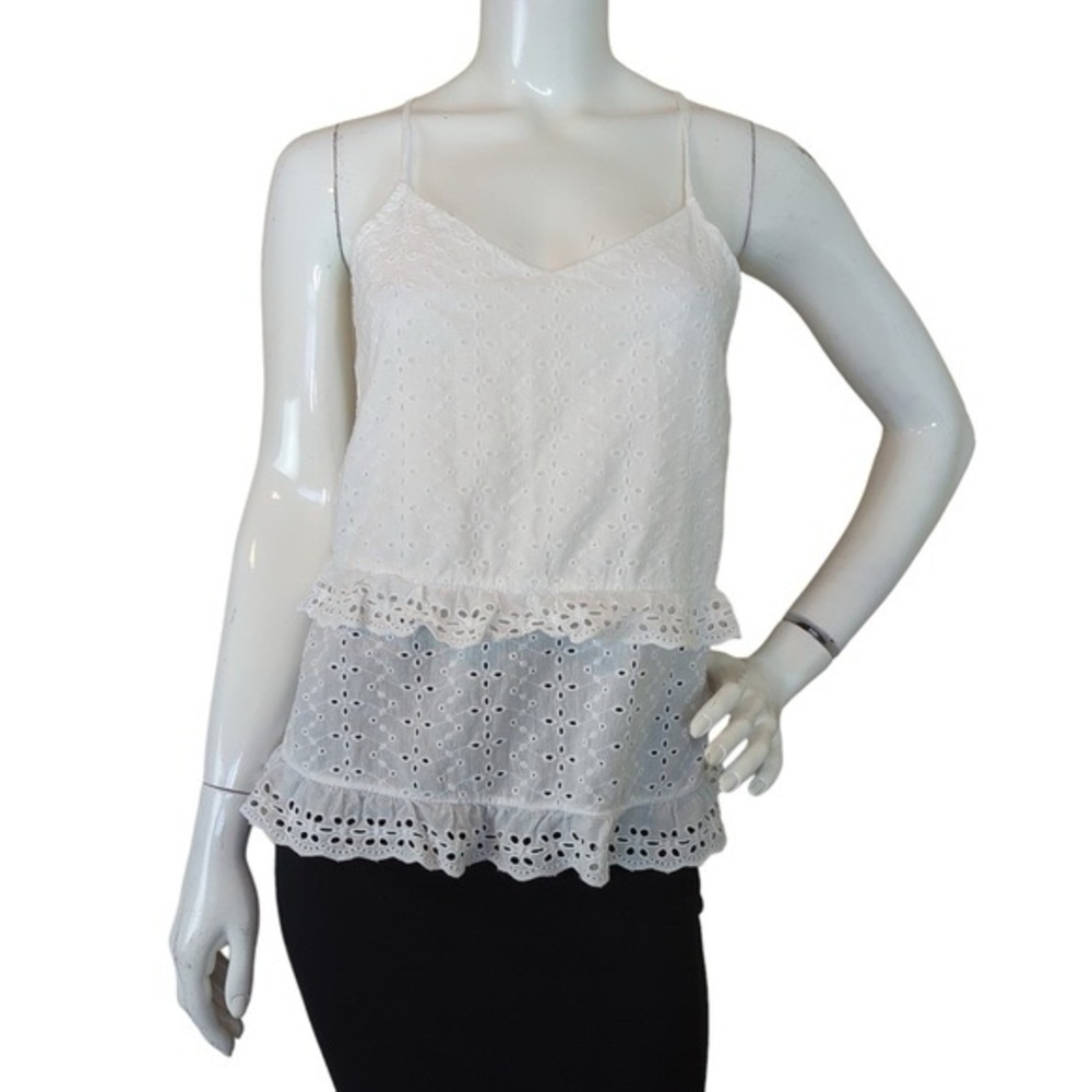 White Cotton Eyelet Ruffle Spaghetti Strap Tank Top